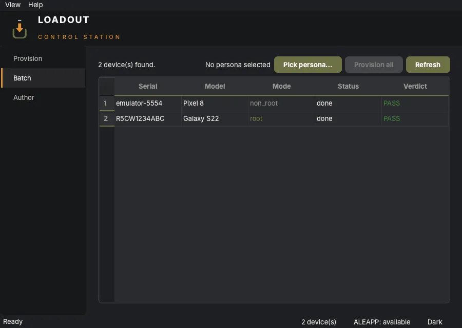 Loadout Dashboard: batch provisioning screen