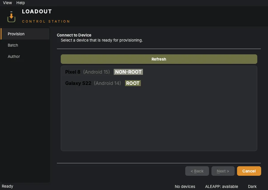 Loadout Control Station: device connection and provisioning screen