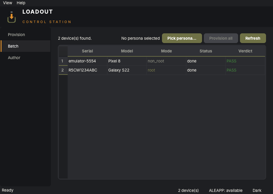 Loadout Dashboard: batch provisioning screen